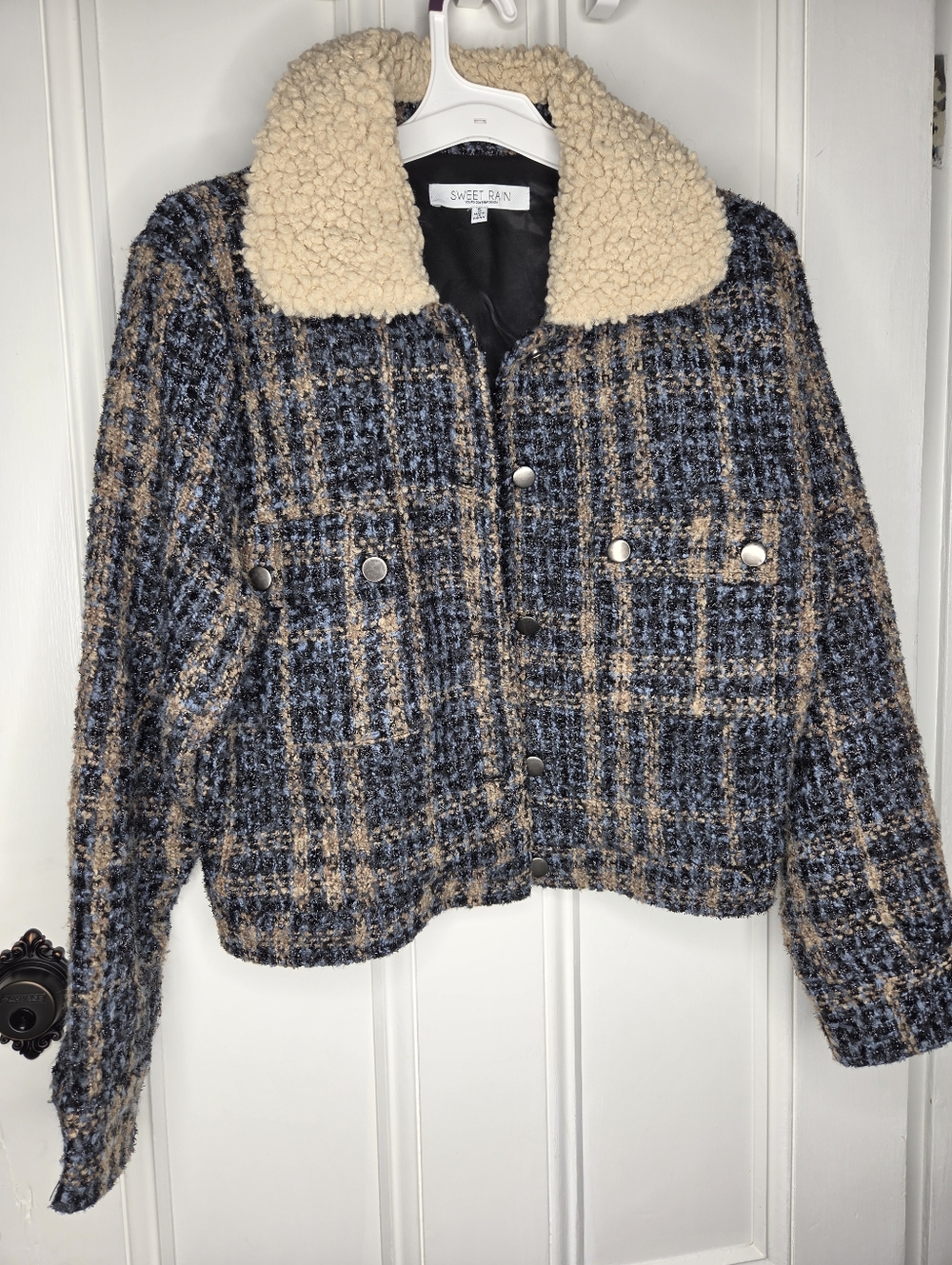 Sweet Rain Navy and Tan Plaid Teddy Collar Jacket